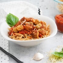 Crispy Air-Fried Eggplant with Whole Wheat Pasta and Zesty Marinara Sauce