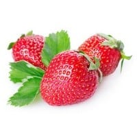 three strawberries with leaves on a white background