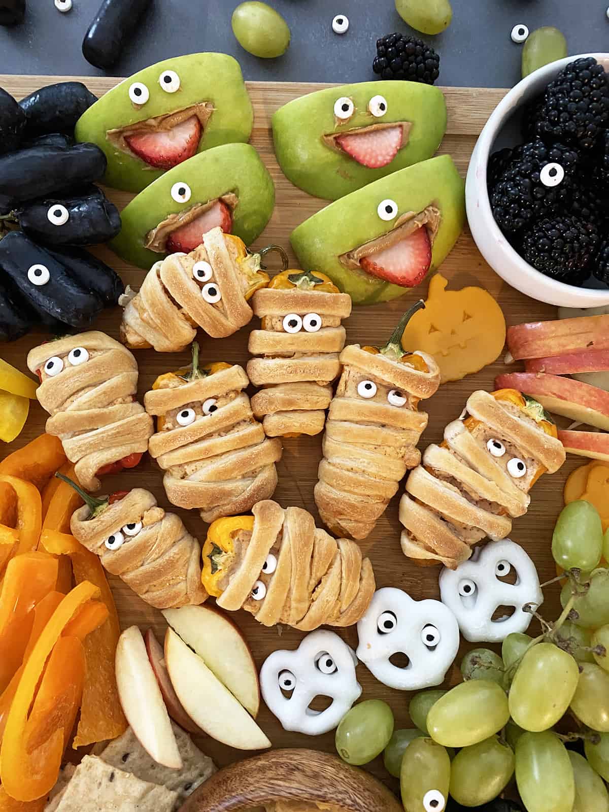 Best Halloween Snack Board with fruits and veggies.