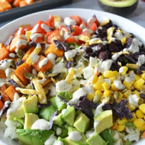 Sweet potato taco bowls plated in white bowl with sheet pan of roasted sweet potatoes and an avocado in background.